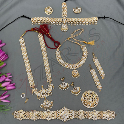 Bharatanatyam Dance Jewellery - V & Flower White Stone Full Set
