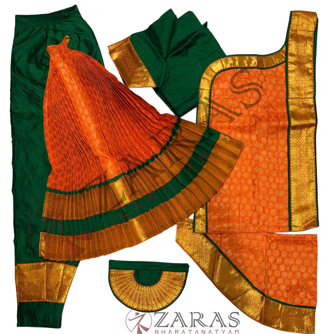 Bharatanatyam Dance Readymade Costume - D Green with Orange Brocade Combination