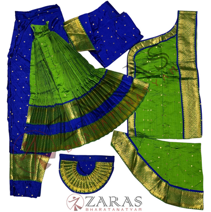 Bharatanatyam Dance Readymade Costume - Blue with Green Dot Combination