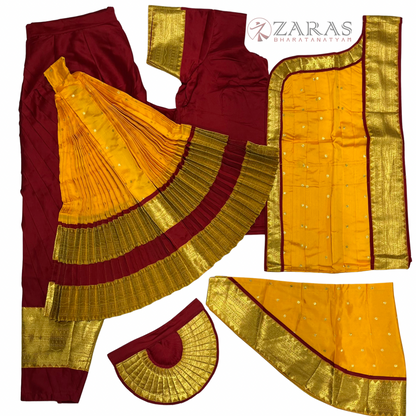 Bharatanatyam Dance Readymade Costume - Maroon with Yellow Dot Combination