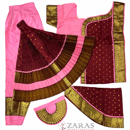 Bharatanatyam Dance Readymade Costume - Baby Pink with Maroon Dot Combination