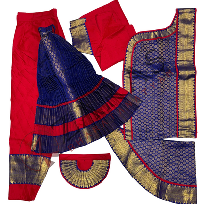 Bharatanatyam Dance Readymade Costume - Red with Blue Brocade Combination