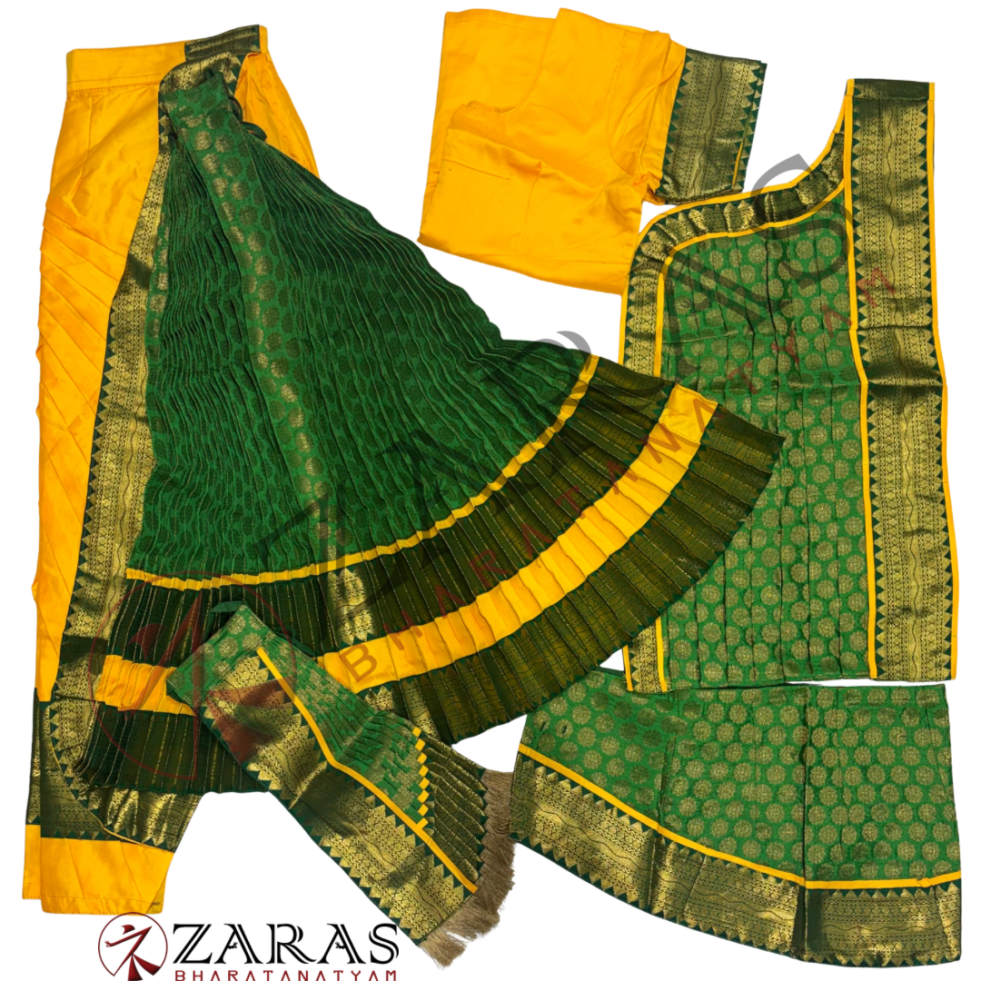 Kuchipudi Dance Readymade Costume - Yellow with Green Brocade Combination