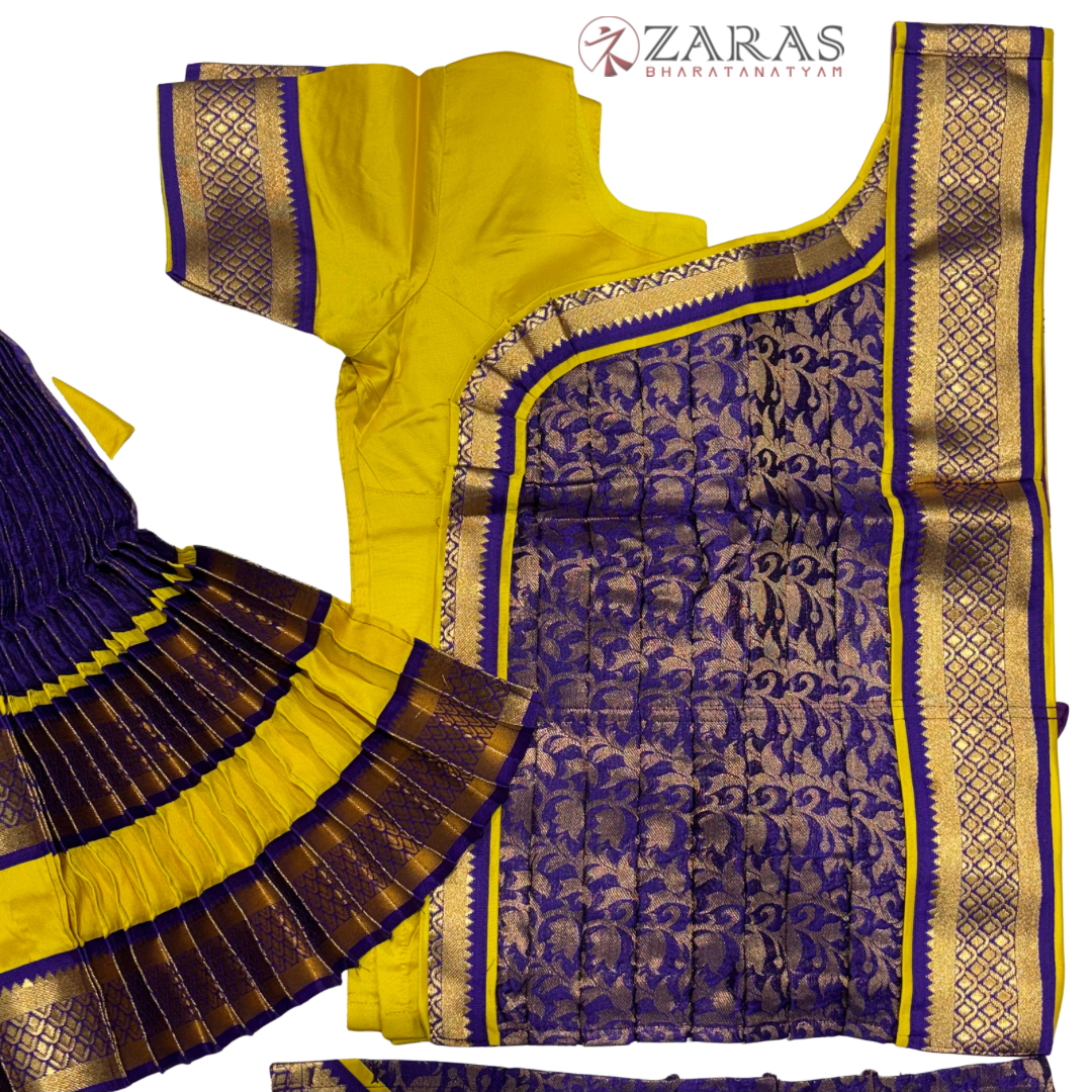Bharatanatyam Dance Readymade Costume - Yellow with Violet Brocade