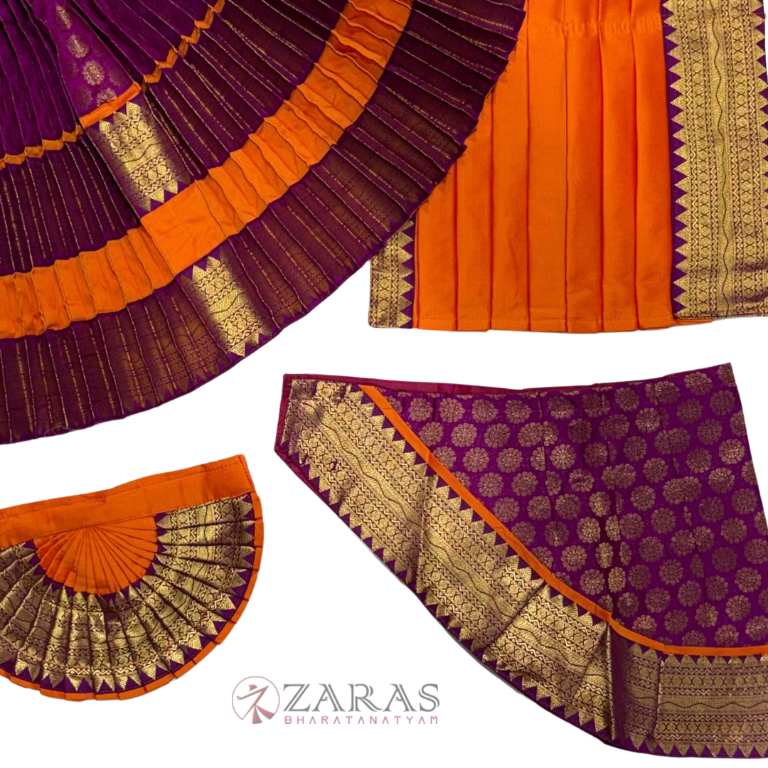 Bharatanatyam Dance Readymade Costume - Orange with Purple Brocade Combination