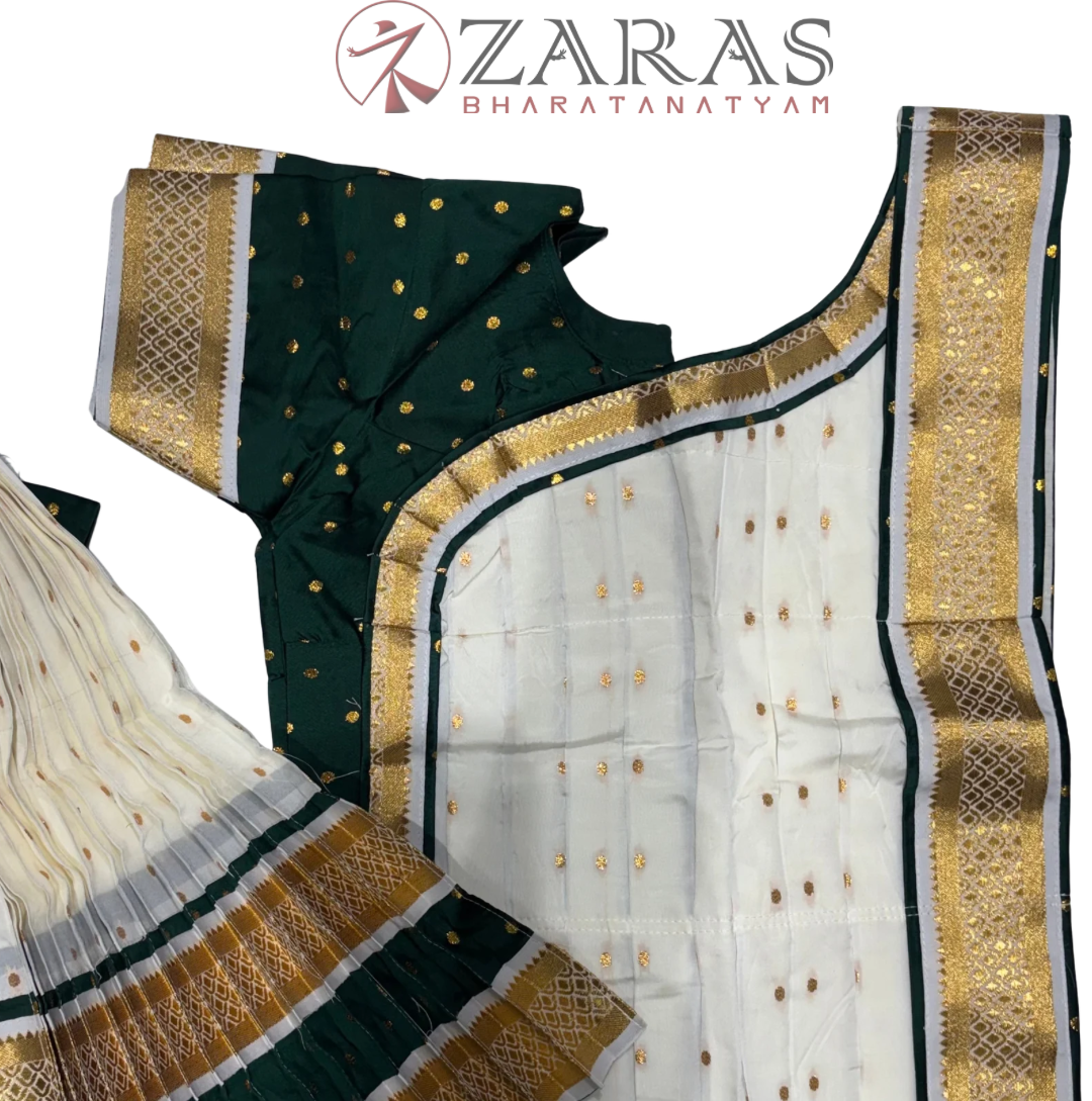 Bharatanatyam Dance Readymade Costume - Bottle Green Dot with Haft White Dot Combination
