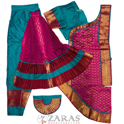 Bharatanatyam Dance Readymade Costume - Peacock Blue with Pink Brocade Combination