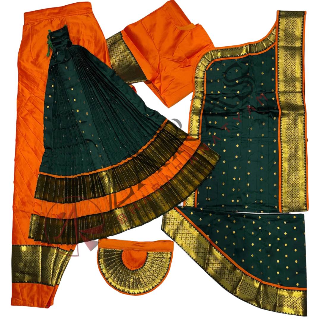 Bharatanatyam Dance Readymade Costume - Orange with D Green Dot Combination