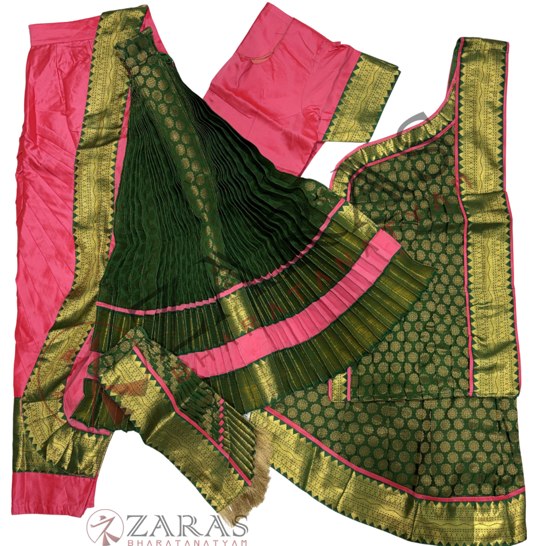 Kuchipudi Dance Readymade Costume - Peach Pink with Dark Green Brocade Combination