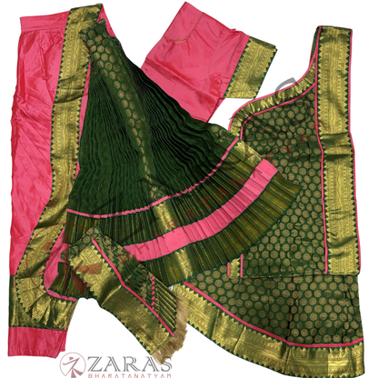 Kuchipudi Dance Readymade Costume - Peach Pink with Dark Green Brocade Combination