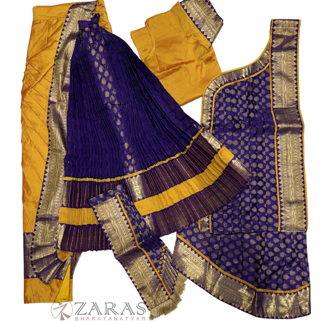 Kuchipudi Dance Readymade Costume - Musted Yellow with Violet Brocade Combination