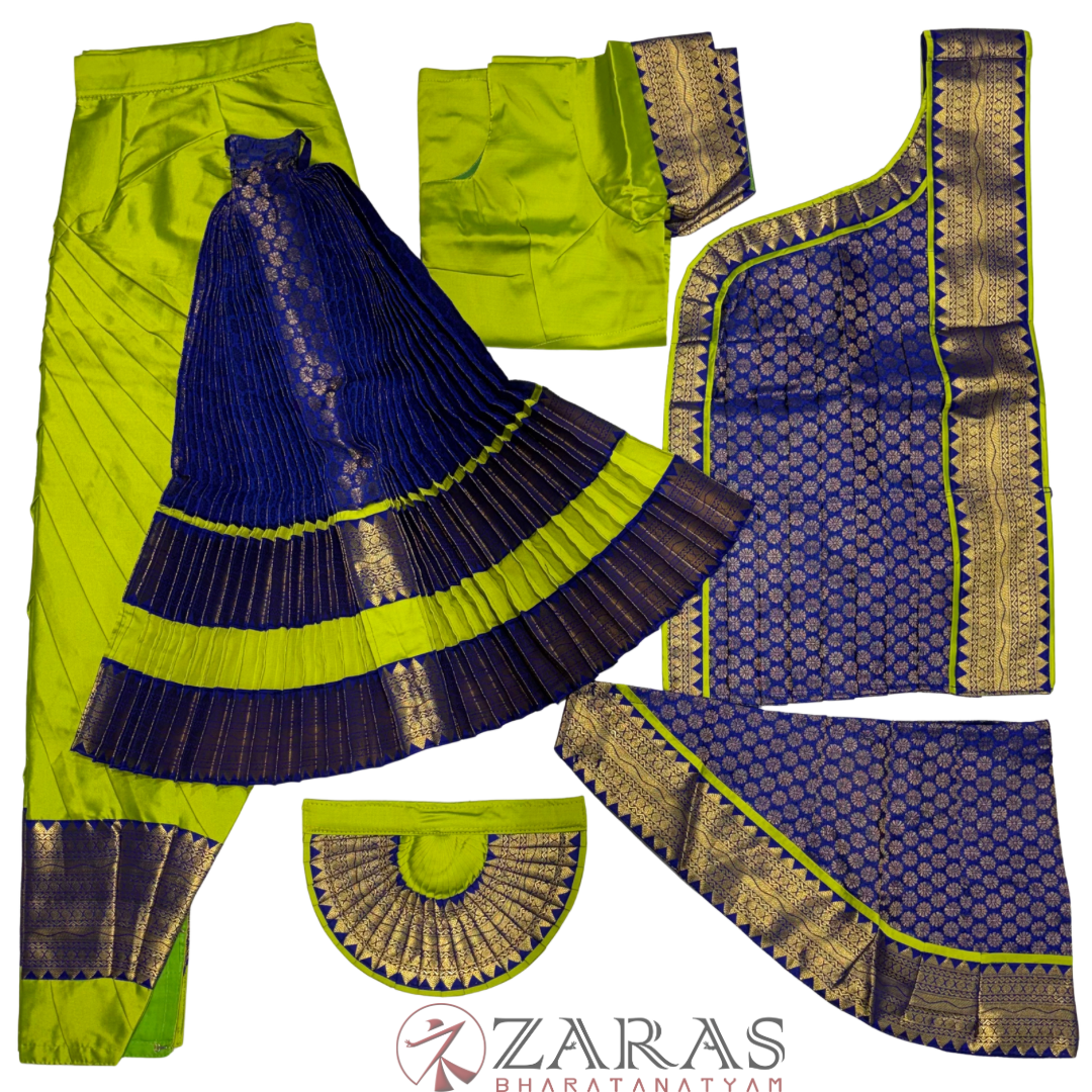 Bharatanatyam Dance Costume Readymade - Y Green with Blue Brocade