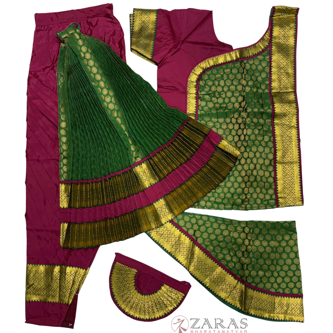 Bharatanatyam Dance Readymade Costume - Maroon with Dark Green Brocade Combination