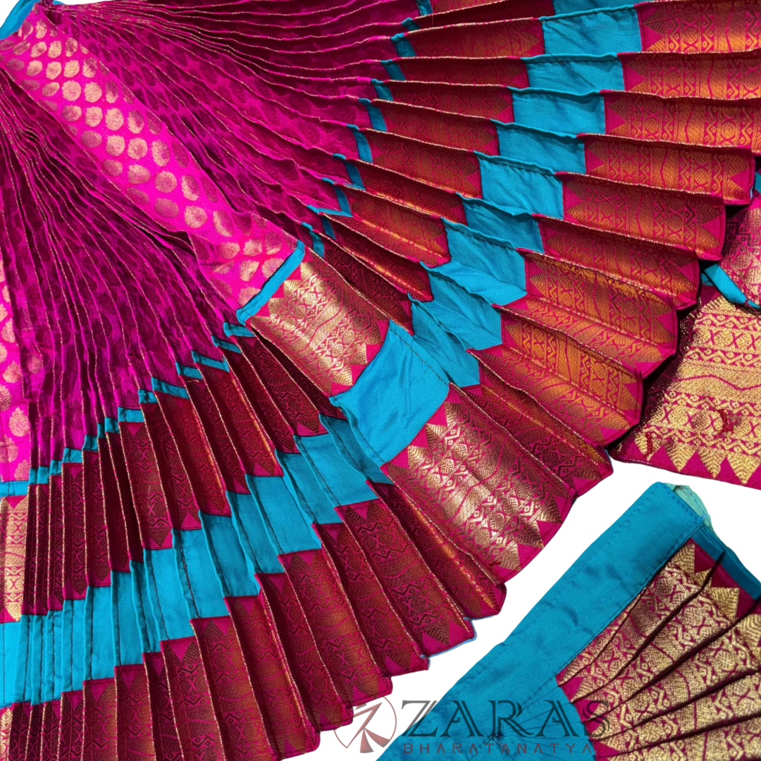 Bharatanatyam Dance Readymade Costume - Peacock Blue with Pink Brocade Combination