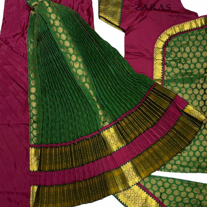 Bharatanatyam Dance Readymade Costume - Maroon with Dark Green Brocade Combination