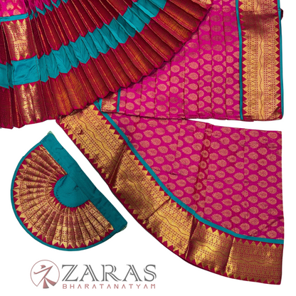 Bharatanatyam Dance Readymade Costume - Peacock Blue with Pink Brocade Combination