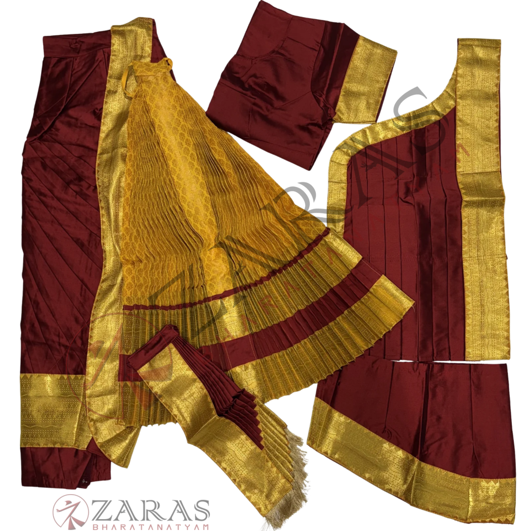 Kuchipudi Dance Readymade Costume - Maroon with M Yellow Brocade Combination