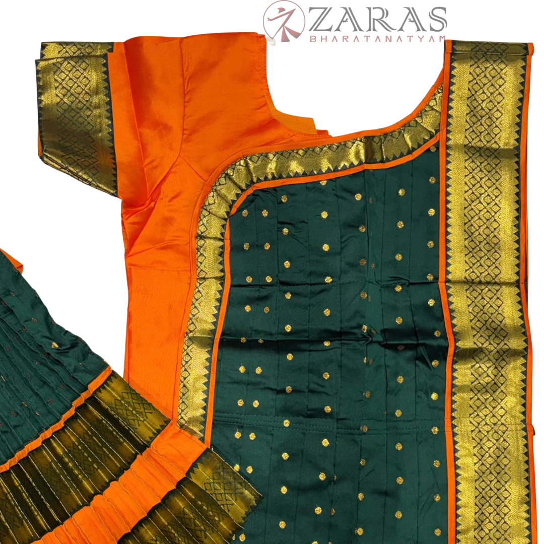 Bharatanatyam Dance Readymade Costume - Orange with D Green Dot Combination