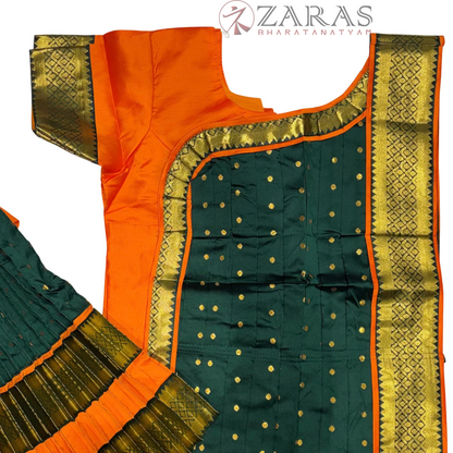 Bharatanatyam Dance Readymade Costume - Orange with D Green Dot Combination