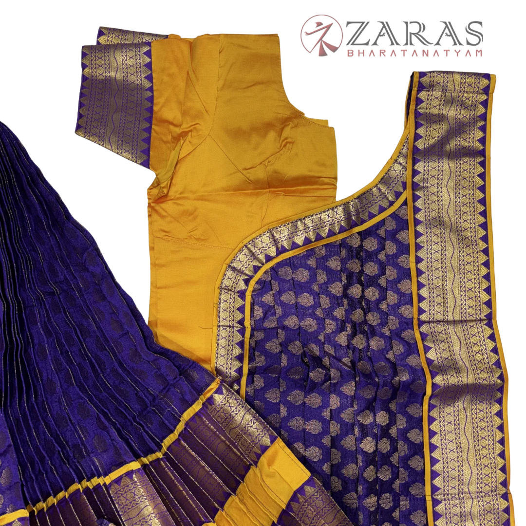Kuchipudi Dance Readymade Costume - Musted Yellow with Violet Brocade Combination