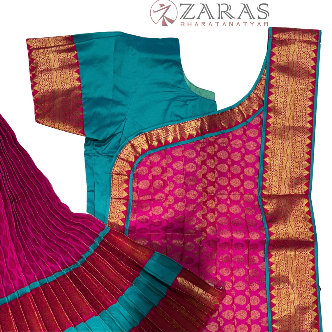 Bharatanatyam Dance Readymade Costume - Peacock Blue with Pink Brocade Combination