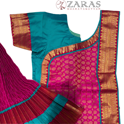 Bharatanatyam Dance Readymade Costume - Peacock Blue with Pink Brocade Combination