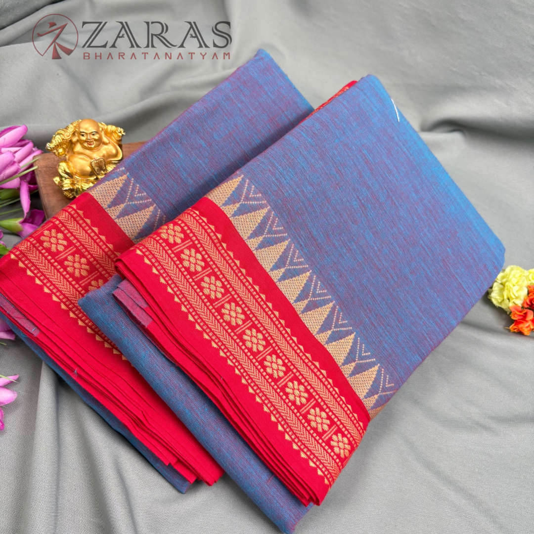 Bharatanatyam Dance Practice Saree - Blue Mix Red Temple Border (6 meter)