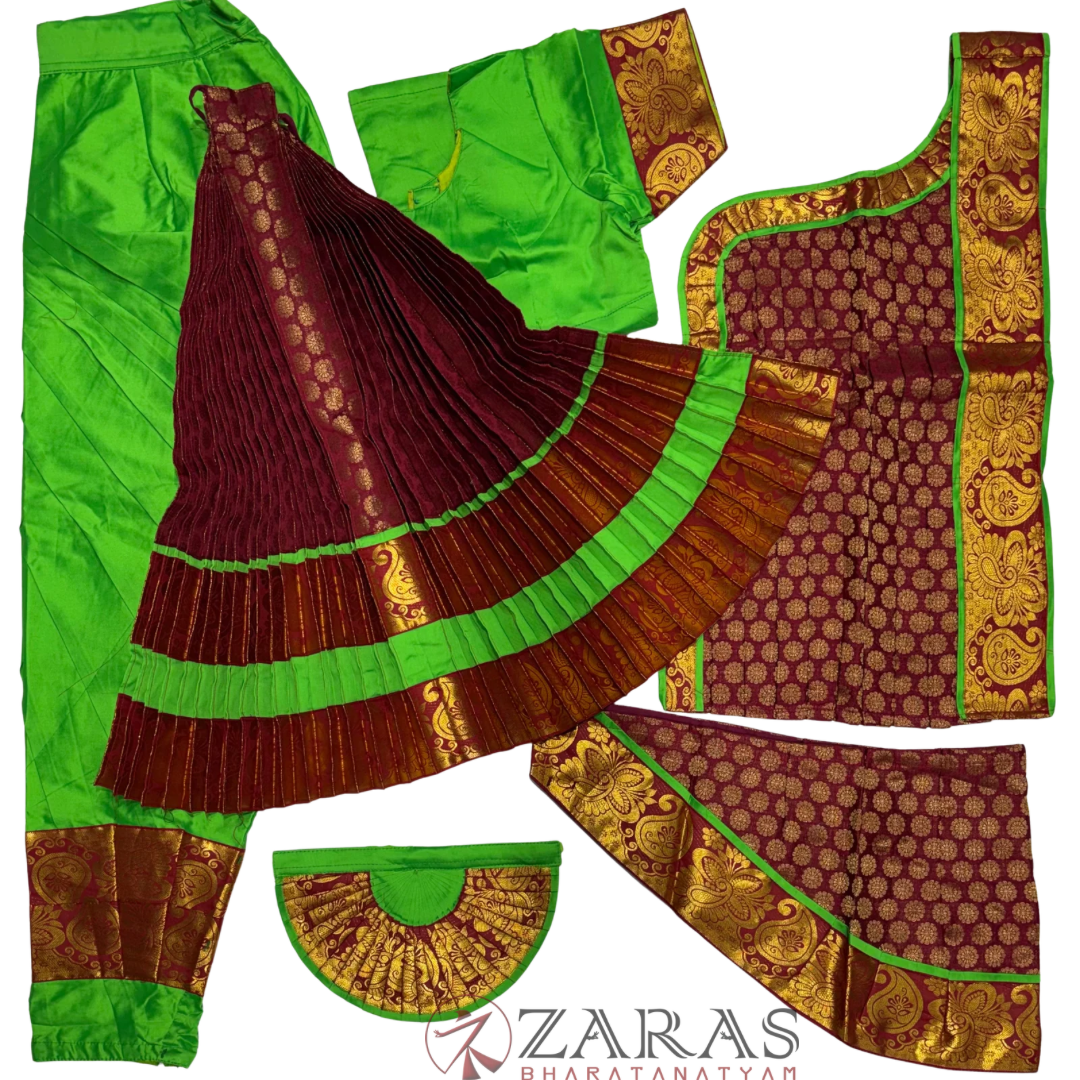Bharatanatyam Dance Costume Readymade - Light Green with Maroon Brocade