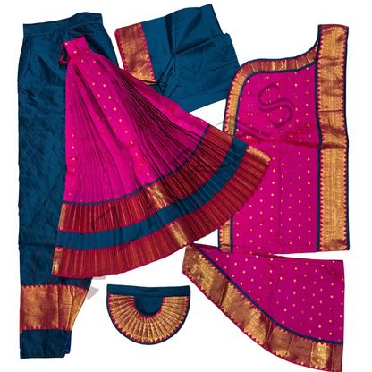 Bharatanatyam Dance Readymade Costume - Peacock Blue with Pink Dot Combination