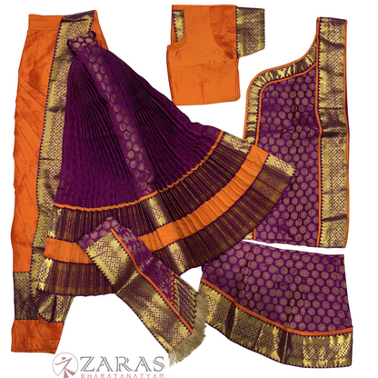 Kuchipudi Dance Readymade Costume - Orange with Purple Brocade Combination