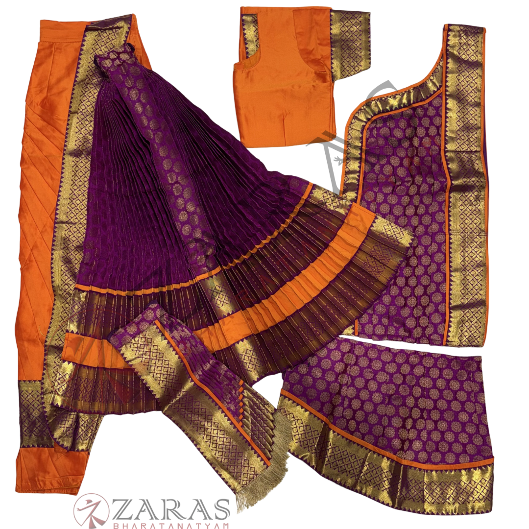 Kuchipudi Dance Readymade Costume - Orange with Purple Brocade Combination