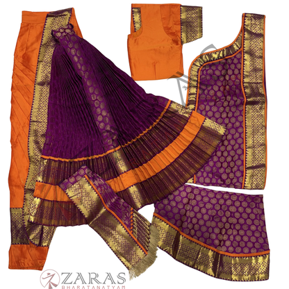 Kuchipudi Dance Readymade Costume - Orange with Purple Brocade Combination