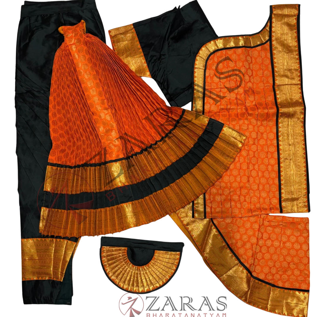 Bharatanatyam Dance Readymade Costume - Bottle Green with Orange Brocade Combination