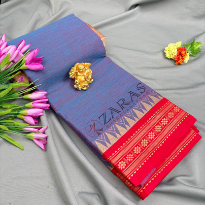 Bharatanatyam Dance Practice Saree - Blue Mix Red Temple Border (6 meter)