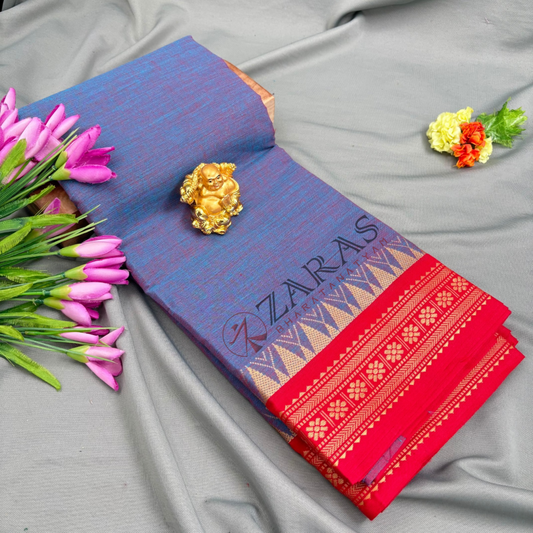 Bharatanatyam Dance Practice Saree - Blue Mix Red Temple Border (6 meter)