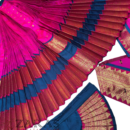 Bharatanatyam Dance Readymade Costume - Peacock Blue with Pink Dot Combination