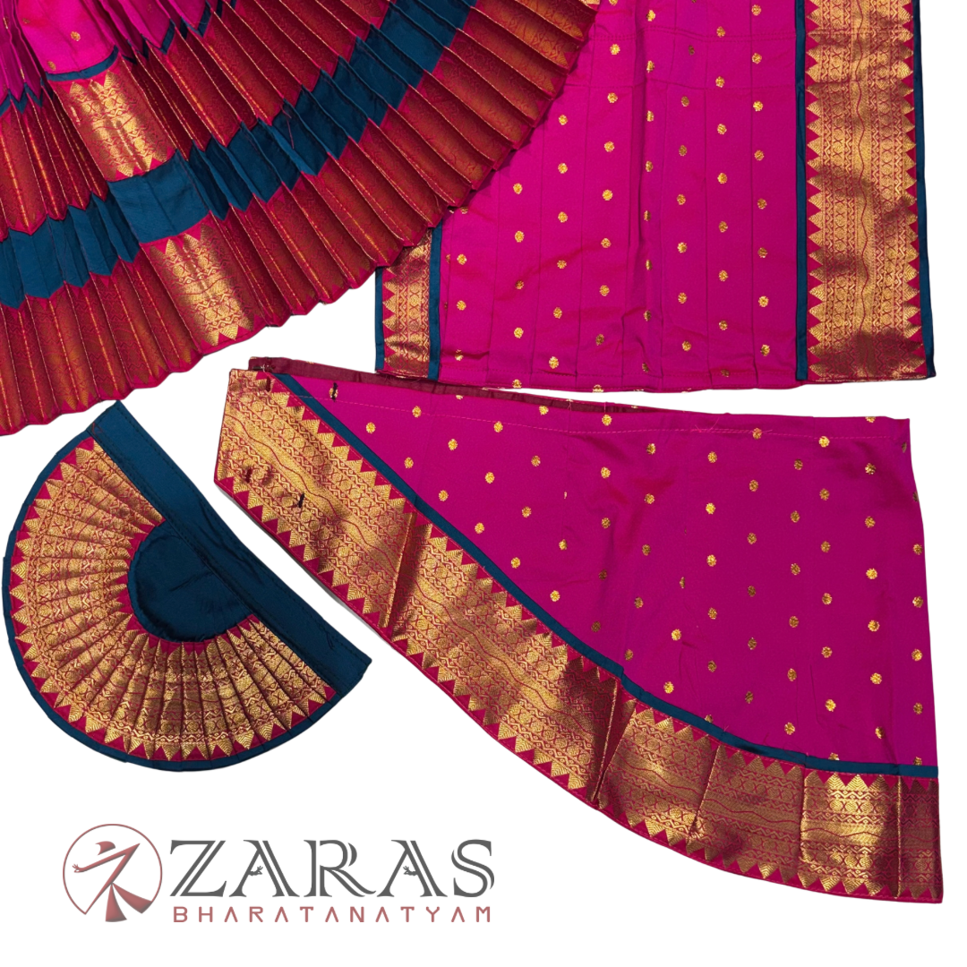Bharatanatyam Dance Readymade Costume - Peacock Blue with Pink Dot Combination