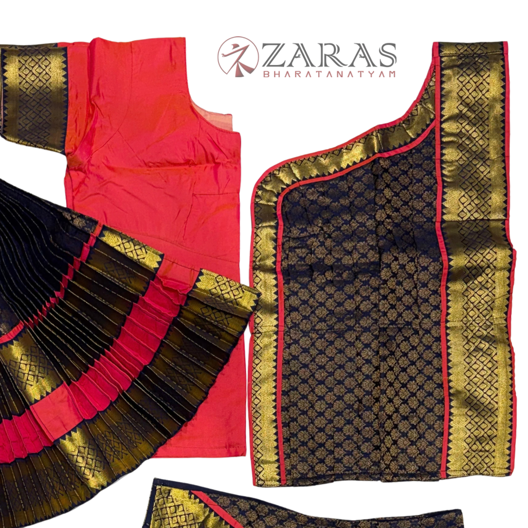 Bharatanatyam Dance Readymade Costume - Peach Pink with Navy Blue Brocade Combination