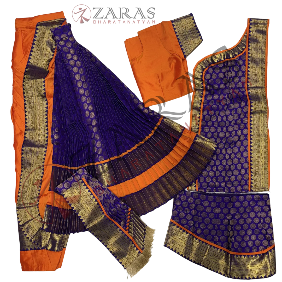 Kuchipudi Dance Readymade Costume - Orange with Violet Brocade Combination
