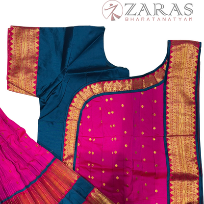 Bharatanatyam Dance Readymade Costume - Peacock Blue with Pink Dot Combination
