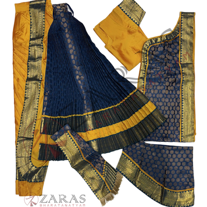 Kuchipudi Dance Readymade Costume - M Yellow with Blue Brocade Combination