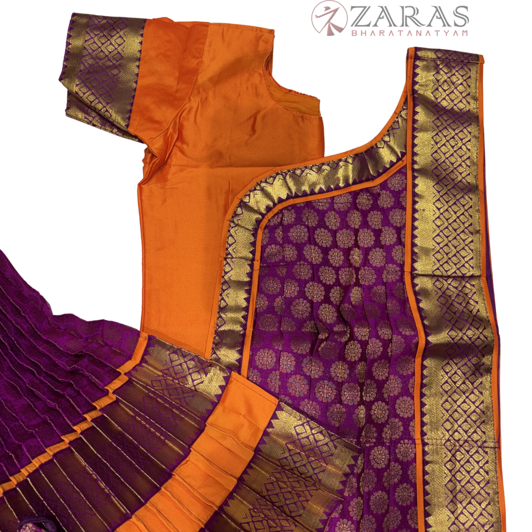 Kuchipudi Dance Readymade Costume - Orange with Purple Brocade Combination