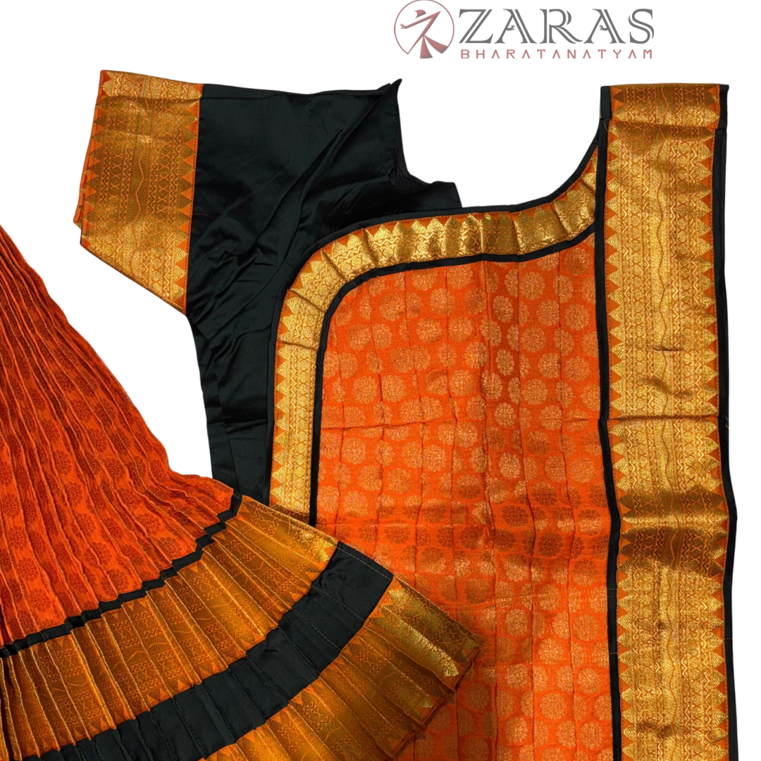 Bharatanatyam Dance Readymade Costume - Bottle Green with Orange Brocade Combination