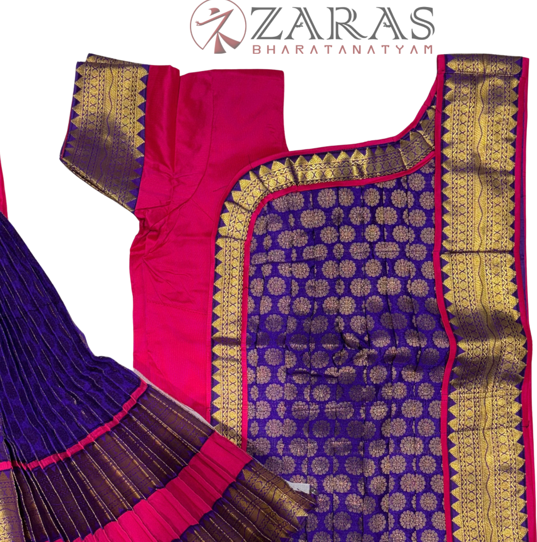 Bharatanatyam Dance Readymade Costume - Pink with Violet Brocade Combination