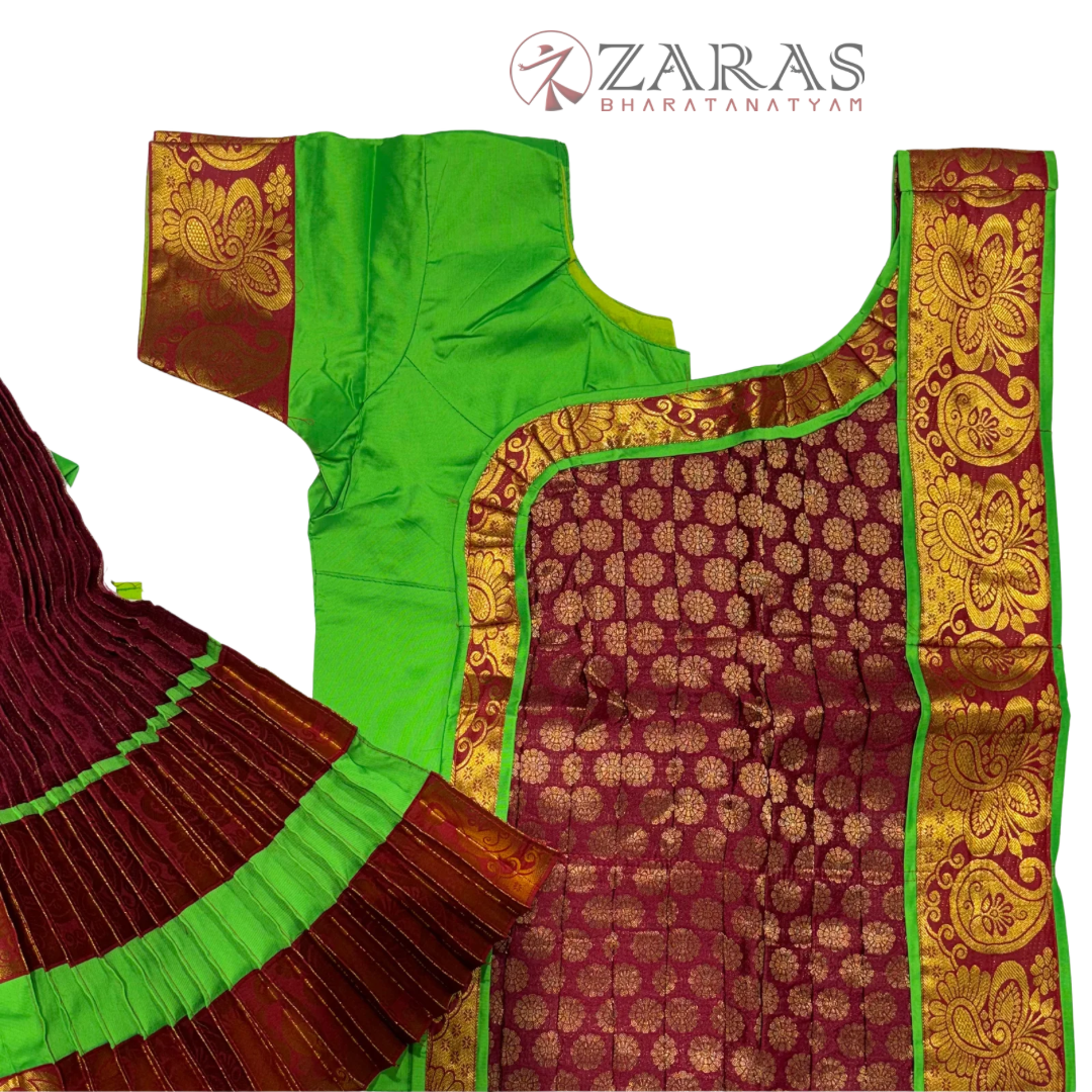 Bharatanatyam Dance Costume Readymade - Light Green with Maroon Brocade