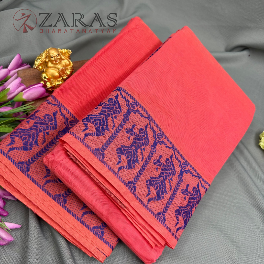 Bharatanatyam Dance Practice Saree - Orange Pink with Blue Doll Border