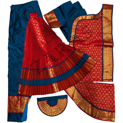 Bharatanatyam Dance Readymade Costume - Peacock Blue with Red Brocade Combination