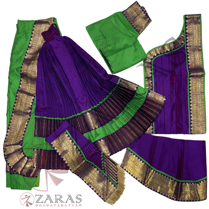 Kuchipudi Dance Readymade Costume - L Green with Violet Plain Combination