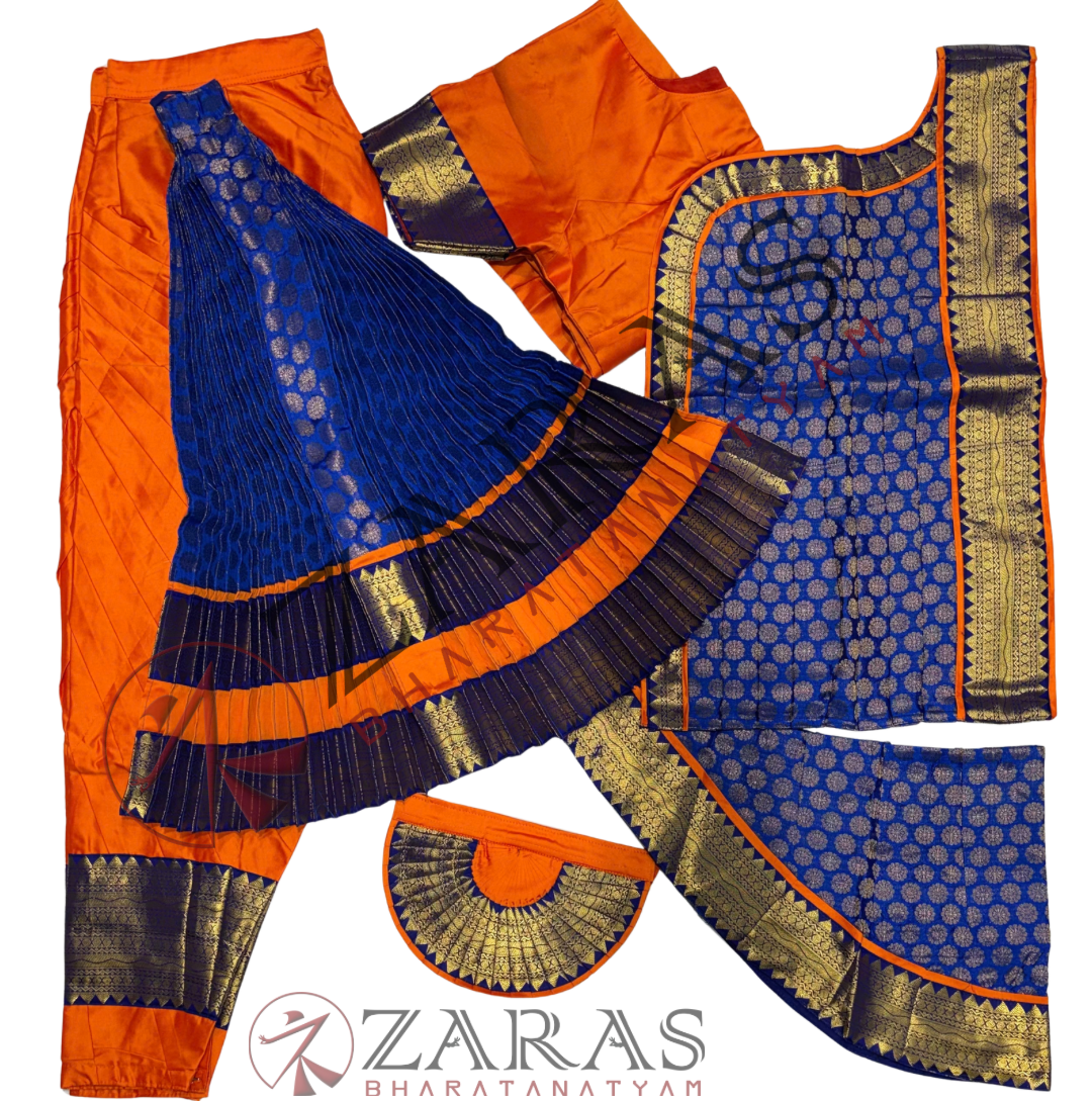 Bharatanatyam Dance Readymade Costume - Orange with Blue Brocade Combination