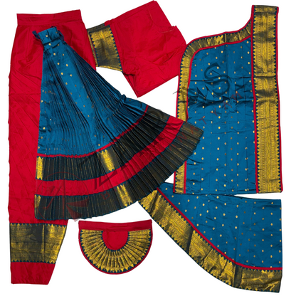 Bharatanatyam Dance Readymade Costume - Red with Peacock Blue Dot Combination